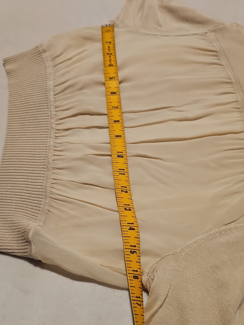 Antonio Melani Beige Chiffon Cropped Bolero Shrug Cardigan w/ Ribbed Trim & Hem - Picture 6 of 7